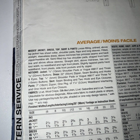 Vogue #1546 Tamotsu Wardrobe Pattern-sizes 12-14-16 Ms. Jacket,Dress,Top,Skirt+ - Picture 5 of 8